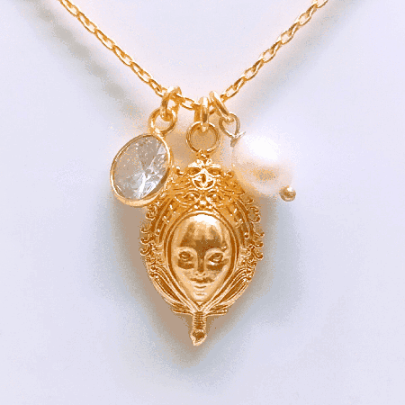 Nino Face with Pearl and cz pendant necklace, Brass 22k gold plated, Handmade jewelry